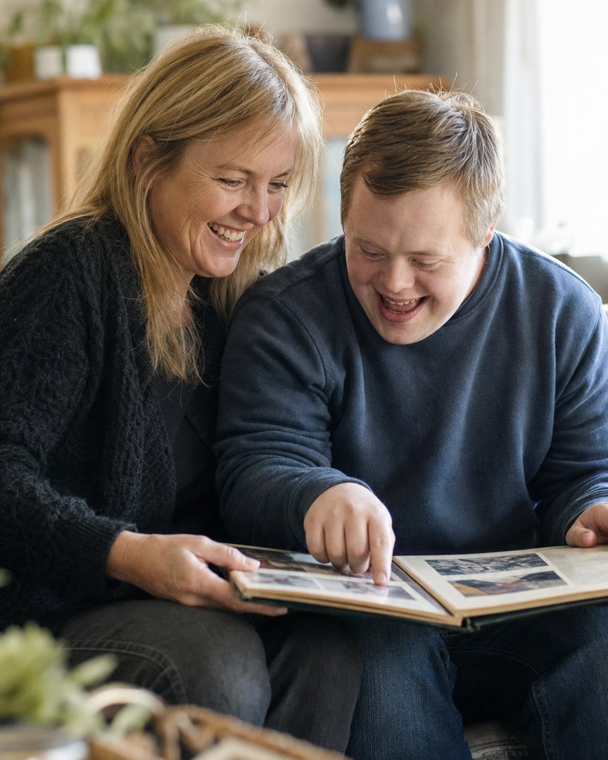 A GemState caregiver and a resident smiling together at home
