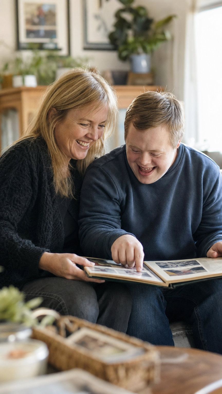 A GemState caregiver and a resident smiling together at home