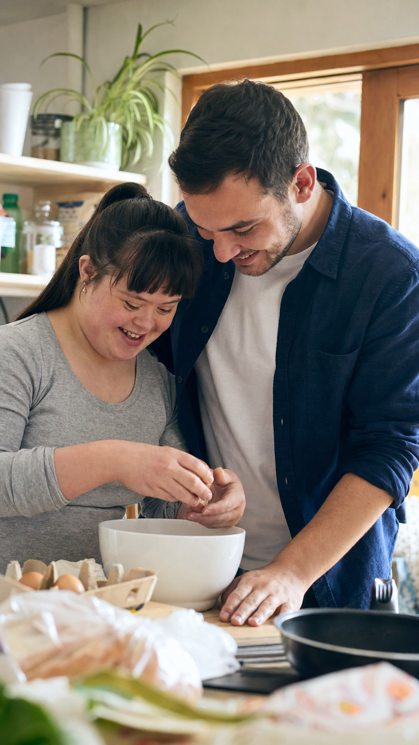 A GemState caregiver helping a resident cook a meal together at home
