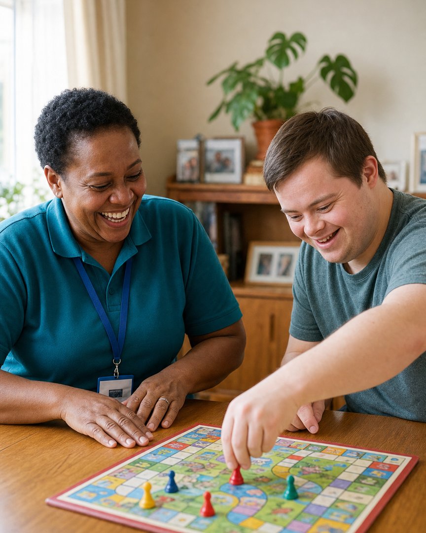 A GemState support professional and a resident laughing over a board game at home